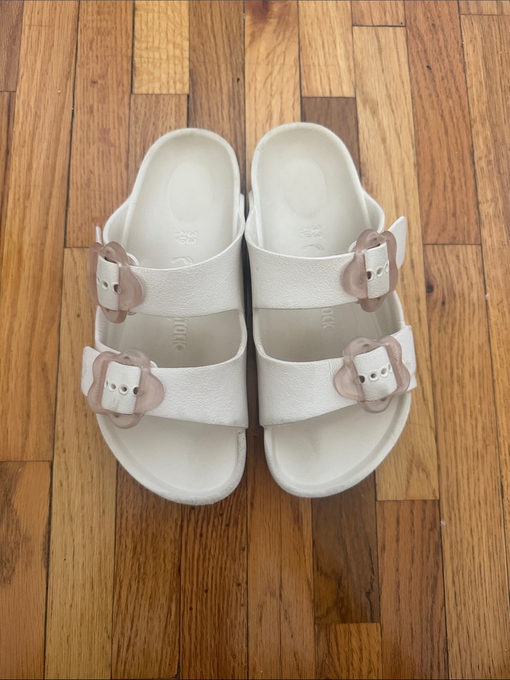 Skechers White Kids Sandals with Light Pink Flower Buckles